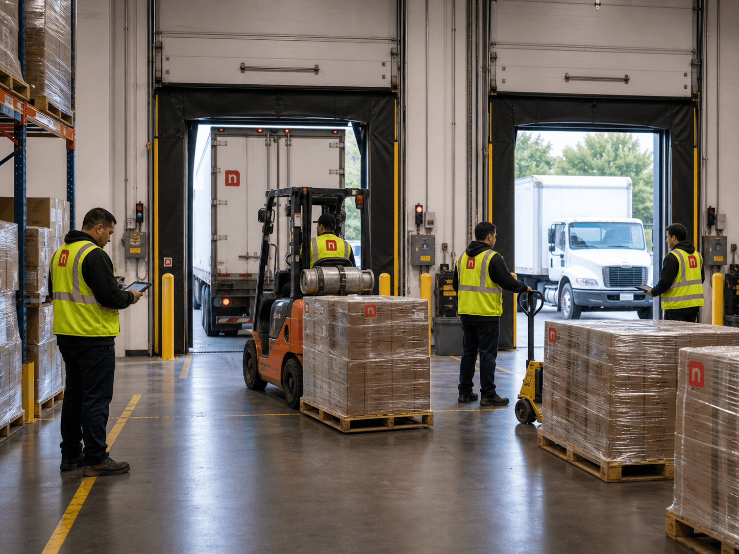 Newl warehouse team staging palletized freight at dock doors for outbound distribution